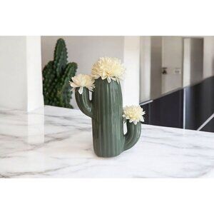 New Ceramic Cactus W/ Artifical White Flower Southwestern Home Decor Accent